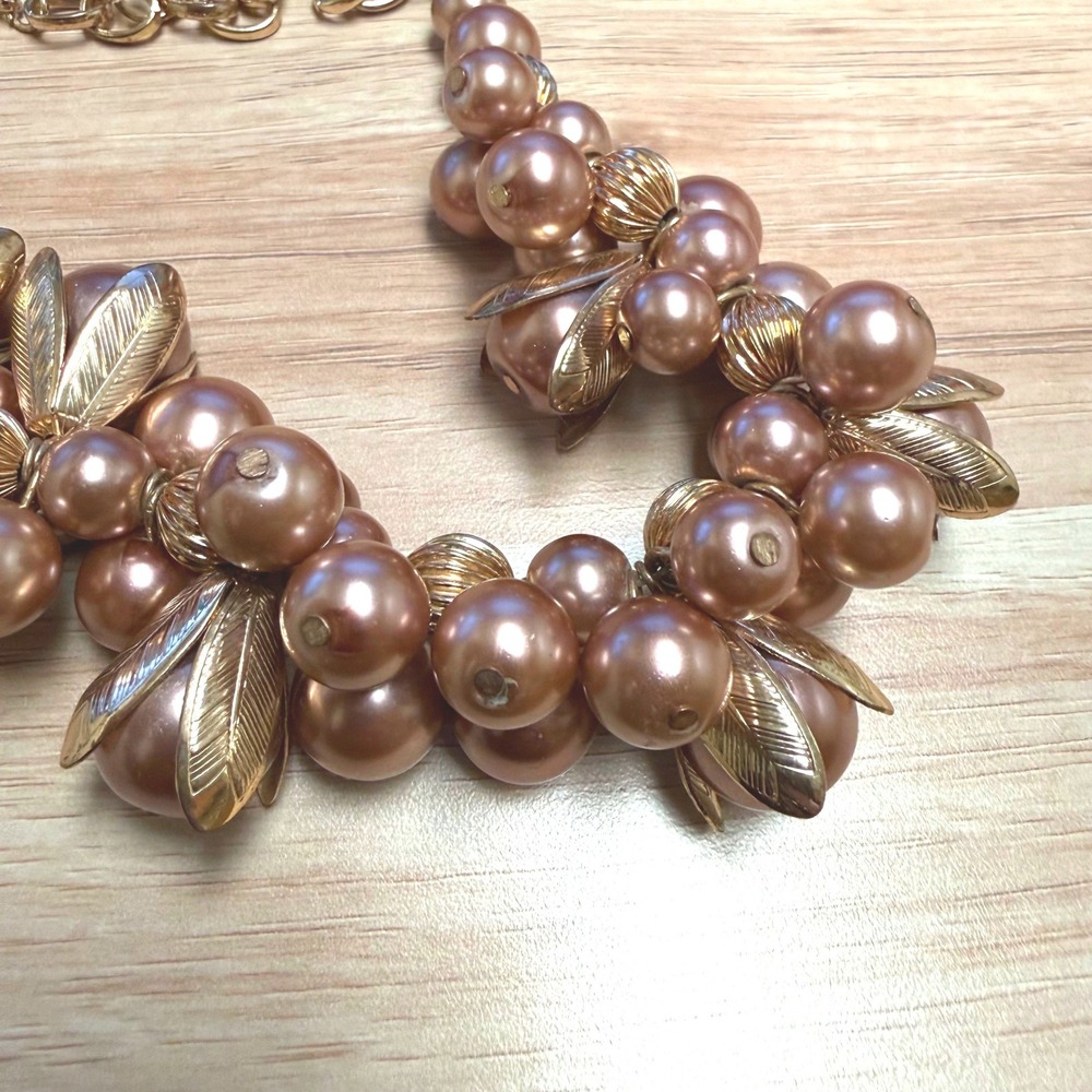 Rose Gold Faux Pearl Cluster Statement Bib Necklace Gold Tone Leaf Detail 20in